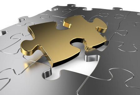 metallic puzzles isolated on white backgroundの写真素材