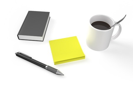 Pen, notepad, stickers and cup cofe isolated on white backgroundの写真素材