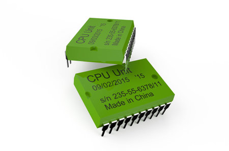 Computer green microchips isolated on white backgroundの写真素材