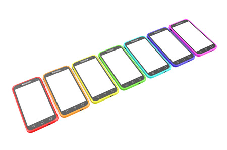 multicolored smartphones isolated on white backgroundの写真素材
