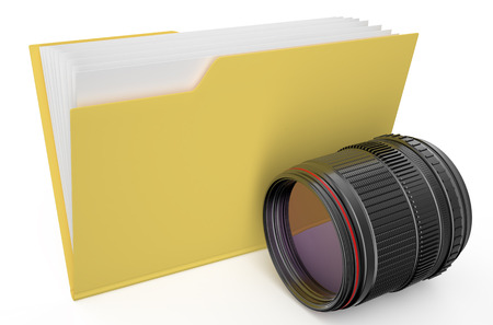 yellow folder with camera lens isolated on  white background
