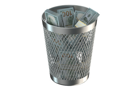 Trash bin with packs of dollars isolated on white backgroundの写真素材