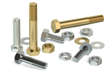 bolts, nuts and washers isolated on white backgroundの写真素材