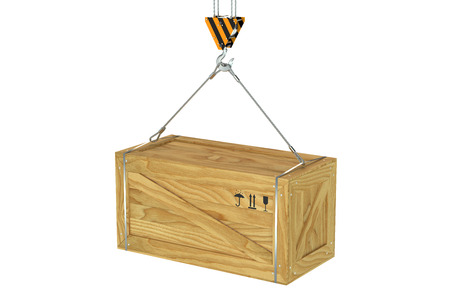 Crane hook with hanging wooden box isolated on white backgroundの写真素材