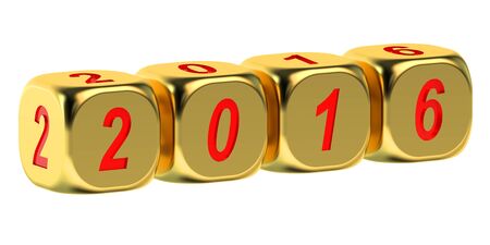 Four golden dice with the written 2016 isolated on white background