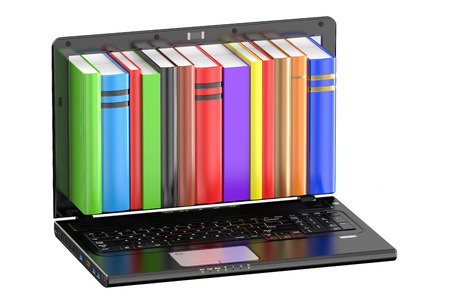 Laptop computer with colored books isolated on white backgroundの写真素材