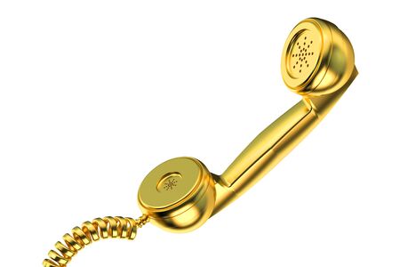 Golden phone handset isolated on white backgroundの写真素材