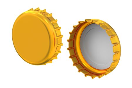 Metal bottle caps, 3D rendering isolated on white backgroundの写真素材