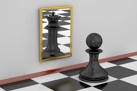 Pawn looking in the mirror seeing queen, strategy concept. 3D renderingの写真素材