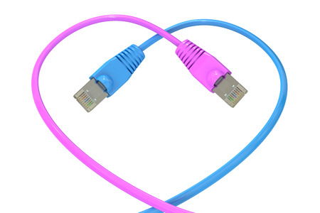 computer network cables in the heart-shaped, 3D rendering isolated on white background
