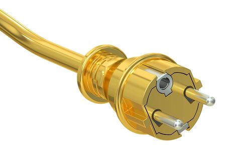 Golden electric plug, 3D rendering isolated on white background