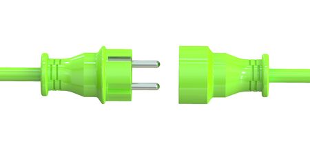 Green electric plug and socket, green energy concept. 3D rendering isolated on white background