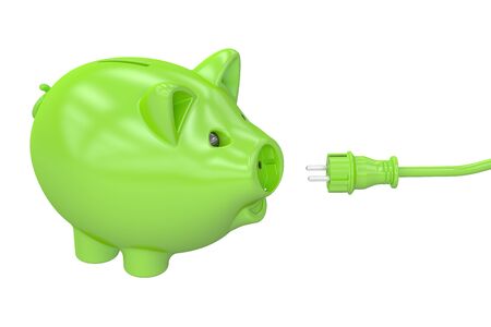 Energy saving concept, piggy bank with socket and plug. 3D renderingの写真素材