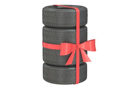 Gift set of tires wrapped ribbon and bow, 3D rendering isolated on white backgroundの写真素材