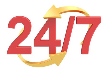 24/7 concept, 3D rendering  isolated on white background
