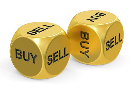 buy or sell dices, 3D rendering isolated on white backgroundの写真素材