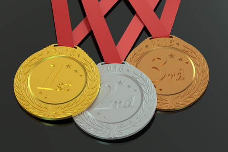 Gold, Silver and Bronze medals 2016, 3D rendering isolated on black backgroundの写真素材