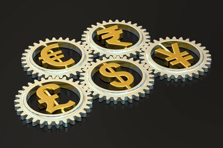 global currencies concept, 3D rendering isolated on black backgroundの写真素材