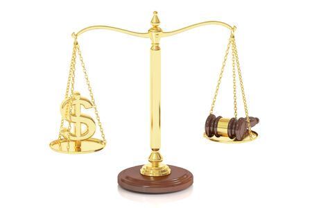 balance concept on the scales, law and money. 3D rendering isolated on white backgroundの写真素材