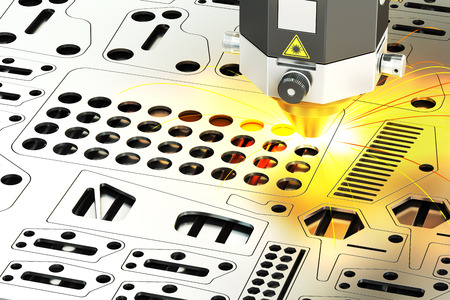 Laser cutting of metal sheet with sparks, 3D renderingの写真素材