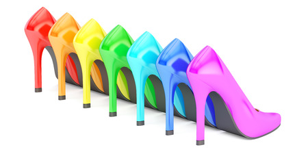 row from colored high heel shoes, back view. 3D rendering isolated on white backgroundの写真素材