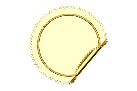 Golden blank circle sticker closeup, 3D rendering isolated on white backgroundの写真素材