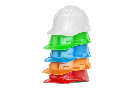 Set of colored hardhats, 3D rendering isolated on white backgroundの写真素材