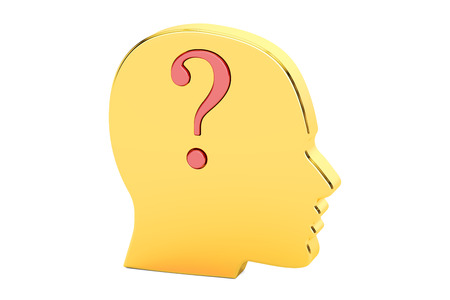 Question concept. Human golden head with question mark. 3D rendering isolated on white backgroundの写真素材