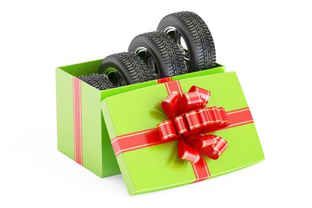 Gift Box with Winter Wheels, 3D rendering isolated on white backgroundの写真素材