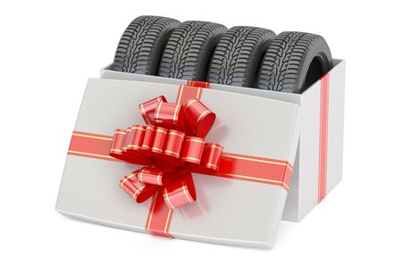 Gift Box with Car Tyres, 3D rendering isolated on white backgroundの写真素材