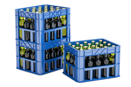 Plastic crates with beer bottles, 3D rendering  isolated on white backgroundの写真素材