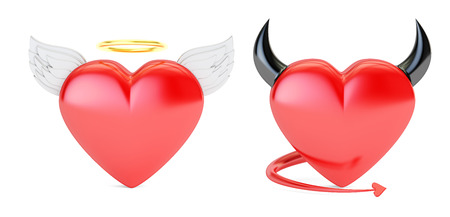 Angel and Devil Hearts, 3D rendering isolated on white backgroundの写真素材