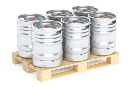Beer kegs on pallet, 3D rendering isolated on white background