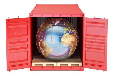 Global cargo shipping and delivery concept, 3D rendering isolated on white backgroundの写真素材