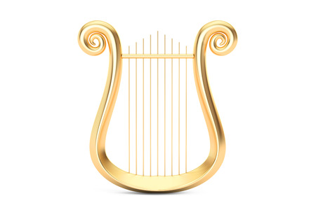 Golden Lyre, 3D rendering isolated on white backgroundの写真素材
