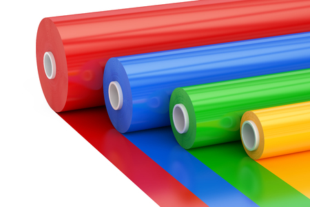 Multicolor PVC Polythene Plastic Tape Rolls, 3D rendering isolated on white backgroundの写真素材