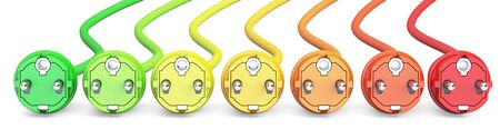saving energy consumption concept, row from colored plugs. 3D rendering isolated on white backgroundの写真素材