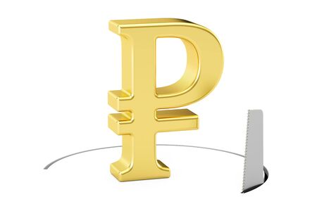 ruble sign with cutting saw. Financial risk concept, 3D rendering isolated on white backgroundの写真素材