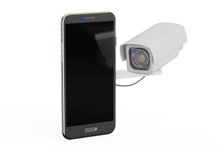 Security camera and smartphone, 3D rendering