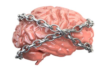 Chained brain, 3D rendering isolated on white backgroundの写真素材