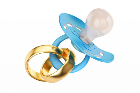 Wedding gold ring and pacifier, parenthood and family concept. 3D renderingの写真素材