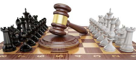 Gavel on chess board with figures. Law chess concept, 3D rendering の写真素材