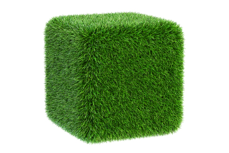 Grass Cube, 3D rendering isolated on white backgroundの写真素材
