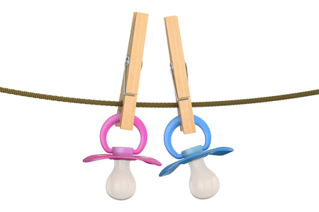 blue and pink babies pacifiers on rope with clothes pins, 3D rendering