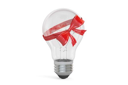Lightbulb with bow and ribbon, gift concept. 3D renderingの写真素材
