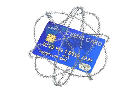 Credit card with barbed wire, 3D rendering isolated on white backgroundの写真素材