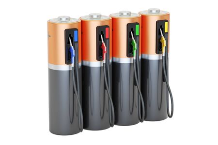 Electric car charging concept. Fuel pump nozzle with batteries, 3D rendering isolated on white...