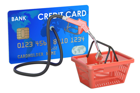 Credit card with fuel pump nozzle and shopping basket, 3D renderingの写真素材