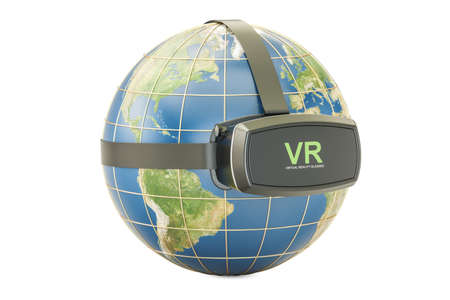 Earth Globe with virtual reality glasses, 3D rendering isolated on white background