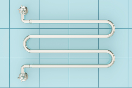 Heated towel rail on the ceramic tile wall, 3D renderingの写真素材